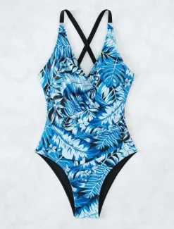 Online Women's Swimwear One Piece Monokini Swimsuit Backless Tummy Control High Waist Slim Vacation Beach Wear Leaves V Neck Sleeveless Bathing Suits Women One-Pieces