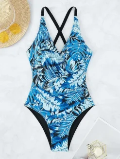 Online Women's Swimwear One Piece Monokini Swimsuit Backless Tummy Control High Waist Slim Vacation Beach Wear Leaves V Neck Sleeveless Bathing Suits Women One-Pieces