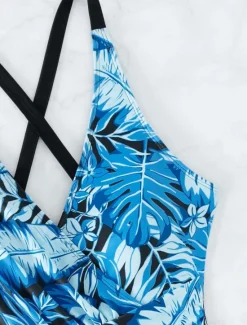 Online Women's Swimwear One Piece Monokini Swimsuit Backless Tummy Control High Waist Slim Vacation Beach Wear Leaves V Neck Sleeveless Bathing Suits Women One-Pieces
