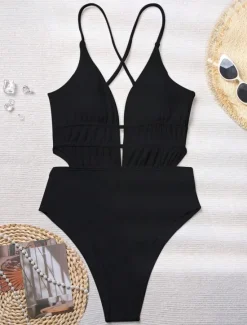 Outlet Women's Swimwear One Piece Monokini Swimsuit Backless Tummy Control High Waist Slim Vacation Beach Wear Solid Color V Neck Sleeveless Bathing Suits Women One-Pieces|Spring Swimwear