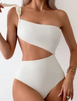 New Women's Swimwear One Piece Monokini Swimsuit Backless Tummy Control High Waist Slim Vacation Beach Wear Solid Color Asymmetric Neck Sleeveless Bathing Suits Women One-Pieces