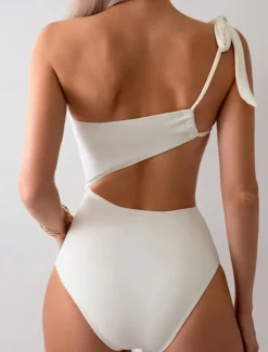 New Women's Swimwear One Piece Monokini Swimsuit Backless Tummy Control High Waist Slim Vacation Beach Wear Solid Color Asymmetric Neck Sleeveless Bathing Suits Women One-Pieces