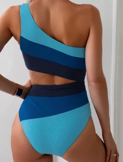 Clearance Women's Swimwear One Piece Swimsuit Backless Tummy Control High Waist Slim Vacation Beach Wear Stripe Asymmetric Neck Sleeveless Bathing Suits Women One-Pieces