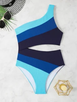 Clearance Women's Swimwear One Piece Swimsuit Backless Tummy Control High Waist Slim Vacation Beach Wear Stripe Asymmetric Neck Sleeveless Bathing Suits Women One-Pieces