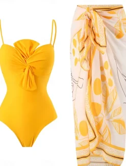 New Women's Swimwear One Piece 2 Piece Monokini Pant Swimsuit Tie Front Backless Tummy Control High Waist Slim Vacation Beach Wear Floral Graphic Halter Neck Sleeveless Bathing Suits Women One-Pieces
