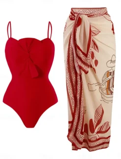 New Women's Swimwear One Piece 2 Piece Monokini Pant Swimsuit Tie Front Backless Tummy Control High Waist Slim Vacation Beach Wear Floral Graphic Halter Neck Sleeveless Bathing Suits Women One-Pieces