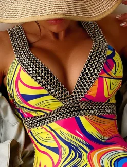 Sale Women's Swimwear One Piece Swimsuit Backless Patchwork Vintage Sexy Graphic Sleeveless Bathing Suits Women One-Pieces
