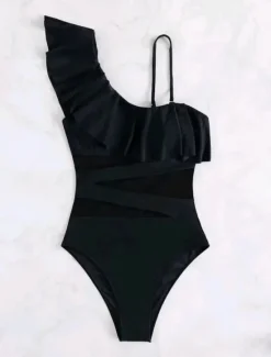 Sale Women's Swimwear One Piece Monokini Swimsuit Ruffle Mesh Backless Tummy Control High Waist Vacation Beach Wear Solid Color Halter Neck Sleeveless Bathing Suits Women One-Pieces