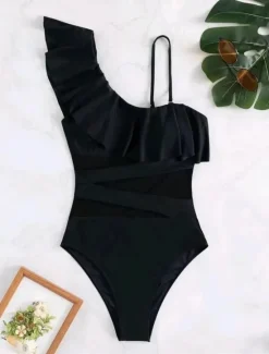 Sale Women's Swimwear One Piece Monokini Swimsuit Ruffle Mesh Backless Tummy Control High Waist Vacation Beach Wear Solid Color Halter Neck Sleeveless Bathing Suits Women One-Pieces