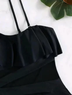 Sale Women's Swimwear One Piece Monokini Swimsuit Ruffle Mesh Backless Tummy Control High Waist Vacation Beach Wear Solid Color Halter Neck Sleeveless Bathing Suits Women One-Pieces