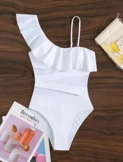 Sale Women's Swimwear One Piece Monokini Swimsuit Ruffle Mesh Backless Tummy Control High Waist Vacation Beach Wear Solid Color Halter Neck Sleeveless Bathing Suits Women One-Pieces