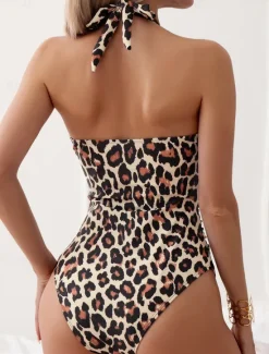 Best Women's Swimwear One Piece Swimsuit Backless Patchwork Vintage Sexy Graphic Halter Neck Sleeveless Bathing Suits Women One-Pieces|Leopard Swimwear