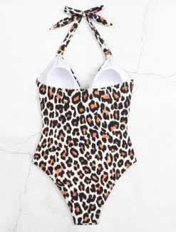 Best Women's Swimwear One Piece Swimsuit Backless Patchwork Vintage Sexy Graphic Halter Neck Sleeveless Bathing Suits Women One-Pieces|Leopard Swimwear