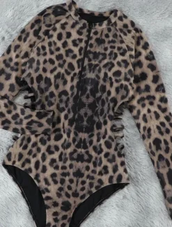 Women's Swimwear One Piece Swimsuit Zip Up Tropical Beach Wear Leopard V Wire Sleeveless Bathing Suits Women One-Pieces
