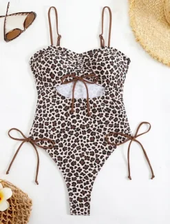 Sale Women's Swimwear One Piece Monokini Swimsuit Backless Tummy Control High Waist Slim Vacation Beach Wear Leopard V Neck Sleeveless Bathing Suits Women One-Pieces|Leopard Swimwear