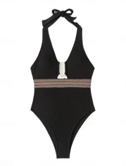 Discount Women's Swimwear One Piece Monokini Swimsuit Backless Patchwork Tummy Control High Waist Slim Vacation Beach Wear Solid Color Halter Neck Sleeveless Bathing Suits Women One-Pieces