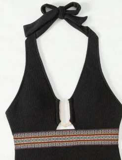 Discount Women's Swimwear One Piece Monokini Swimsuit Backless Patchwork Tummy Control High Waist Slim Vacation Beach Wear Solid Color Halter Neck Sleeveless Bathing Suits Women One-Pieces