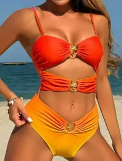 Outlet Women's Swimwear One Piece Monokini Swimsuit Backless Tummy Control High Waist Slim Vacation Beach Wear Ombre V Neck Sleeveless Bathing Suits Women One-Pieces