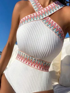Discount Women's Swimwear One Piece Monokini Swimsuit Backless Tummy Control High Waist Slim Vacation Beach Wear Solid Color Halter Neck Sleeveless Bathing Suits Women One-Pieces