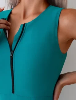 New Women's Swimwear One Piece Swimsuit Zip Up Tummy Control High Waist Slim Vacation Beach Wear Solid Color Round Neck Sleeveless Bathing Suits Women One-Pieces