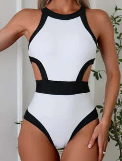 Discount Women's Swimwear One Piece Monokini Swimsuit Backless Tummy Control High Waist Slim Vacation Beach Wear Solid Color Halter Neck Sleeveless Bathing Suits Women One-Pieces