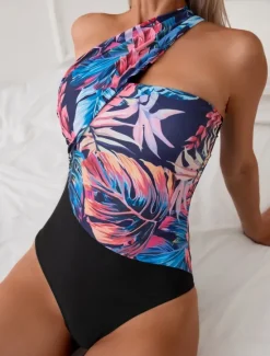Best Women's Swimwear One Piece Monokini Swimsuit Backless Tummy Control High Waist Slim Vacation Beach Wear Leaves Halter Neck Sleeveless Bathing Suits Women One-Pieces