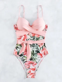 Online Women's Swimwear One Piece Monokini Swimsuit Backless Tummy Control High Waist Slim Vacation Beach Wear Floral V Neck Sleeveless Bathing Suits Women One-Pieces