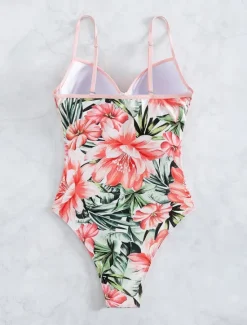 Online Women's Swimwear One Piece Monokini Swimsuit Backless Tummy Control High Waist Slim Vacation Beach Wear Floral V Neck Sleeveless Bathing Suits Women One-Pieces