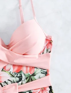 Online Women's Swimwear One Piece Monokini Swimsuit Backless Tummy Control High Waist Slim Vacation Beach Wear Floral V Neck Sleeveless Bathing Suits Women One-Pieces