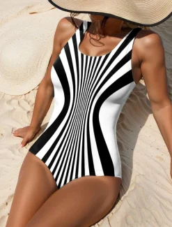 Hot Women's Swimwear One Piece Swimsuit Printing Stylish Striped Sleeveless Bathing Suits Women One-Pieces