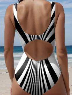 Hot Women's Swimwear One Piece Swimsuit Printing Stylish Striped Sleeveless Bathing Suits Women One-Pieces