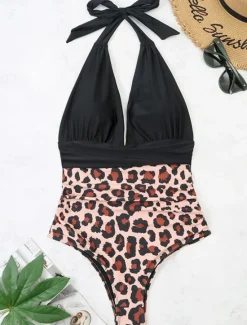 Best Women's Swimwear One Piece Monokini Swimsuit Backless Tummy Control High Waist Slim Vacation Beach Wear Leopard Halter Neck Sleeveless Bathing Suits Women Leopard Swimwear
