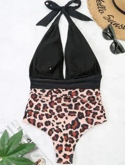 Best Women's Swimwear One Piece Monokini Swimsuit Backless Tummy Control High Waist Slim Vacation Beach Wear Leopard Halter Neck Sleeveless Bathing Suits Women Leopard Swimwear