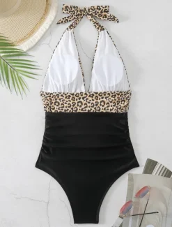 Best Women's Swimwear One Piece Monokini Swimsuit Backless Tummy Control High Waist Slim Vacation Beach Wear Leopard Halter Neck Sleeveless Bathing Suits Women Leopard Swimwear