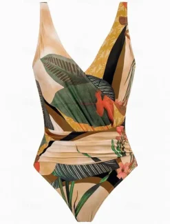 Discount Women's Swimwear One Piece Monokini Swimsuit Backless Tummy Control High Waist Slim Vacation Beach Wear Floral V Neck Sleeveless Bathing Suits Women One-Pieces