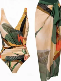 Discount Women's Swimwear One Piece Monokini Swimsuit Backless Tummy Control High Waist Slim Vacation Beach Wear Floral V Neck Sleeveless Bathing Suits Women One-Pieces