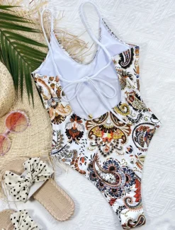 Sale Women's Swimwear One Piece Monokini Swimsuit Backless Tummy Control High Waist Slim Vacation Beach Wear Paisley Scoop Neck Sleeveless Bathing Suits Women One-Pieces