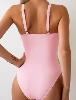 Women's Swimwear One Piece Monokini Swimsuit Backless Patchwork Tummy Control High Waist Slim Vacation Beach Wear Solid Color Scoop Neck Sleeveless Bathing Suits Women One-Pieces
