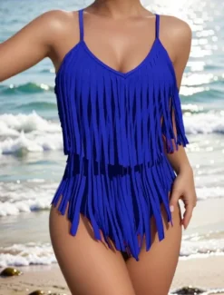 Outlet Women's Swimwear One Piece Monokini Swimsuit Backless Tummy Control High Waist Slim Fringe Vacation Beach Wear Solid Color V Neck Sleeveless Bathing Suits Women One-Pieces