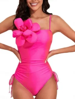 New Women's Swimwear One Piece Monokini Swimsuit Backless Tummy Control High Waist Slim 3D Floral Vacation Beach Wear Solid Color Round Neck Sleeveless Bathing Suits Women One-Pieces
