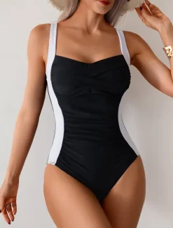 Clearance Women's Swimwear One Piece Swimsuit Backless Tummy Control High Waist Slim Vacation Beach Wear Color Block U Neck Sleeveless Bathing Suits Women One-Pieces