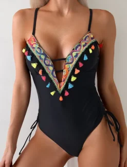 Discount Women's Swimwear One Piece Monokini Swimsuit Backless Tummy Control High Waist Slim Fringe Vacation Beach Wear Geometric V Neck Sleeveless Bathing Suits Women One-Pieces