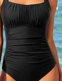 Women's Swimwear One Piece Monokini Swimsuit Tummy Control High Waist Backless Vacation Beach Wear Solid Color U Neck Sleeveless Bathing Suits Women One-Pieces