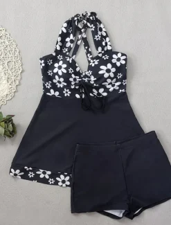 Clearance Women's Swimwear Swimdresses 2 Piece Tankini Swimsuit Backless Slim Vacation Beach Wear Floral Graphic Halter Neck Sleeveless Bathing Suits Women Swimdresses