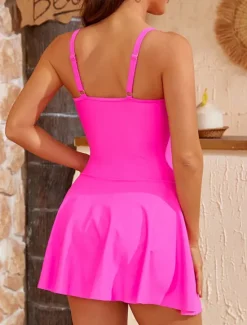 New Women's Swimwear Swimdresses One Piece Tankini Swimsuit Backless Tummy Control High Waist Slim Vacation Beach Wear Solid Color U Neck Sleeveless Bathing Suits Women Swimdresses
