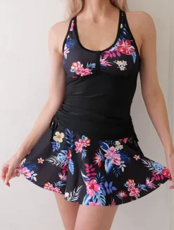 Hot Women's Swimwear Swimdresses 2 Piece Tankini Skirt Swimsuit Backless Criss Cross Tummy Control High Waist Slim Vacation Beach Wear Floral U Neck Sleeveless Bathing Suits Women Swimdresses