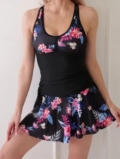 Hot Women's Swimwear Swimdresses 2 Piece Tankini Skirt Swimsuit Backless Criss Cross Tummy Control High Waist Slim Vacation Beach Wear Floral U Neck Sleeveless Bathing Suits Women Swimdresses