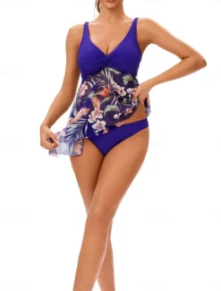 Sale Women's Swimwear Swimdresses 2 Piece Cheeky Tankini Swimsuit Backless High Waist Vacation Beach Wear Floral Leaves V Neck Sleeveless Bathing Suits Women Swimdresses