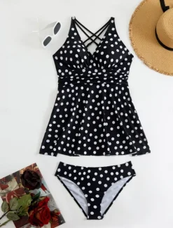 Best Women's Swimwear Swimdresses 2 Piece Cheeky Tankini Swimsuit Backless High Waist Vacation Beach Wear Polka Dot V Neck Sleeveless Bathing Suits Women Swimdresses