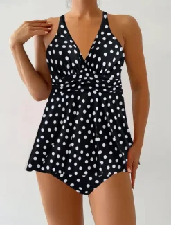 Best Women's Swimwear Swimdresses 2 Piece Cheeky Tankini Swimsuit Backless High Waist Vacation Beach Wear Polka Dot V Neck Sleeveless Bathing Suits Women Swimdresses